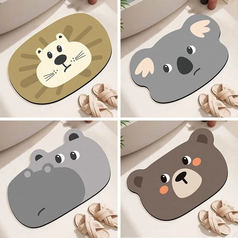 Cartoon animal diatom absorbent non-slip bathroom mat in alien shape.