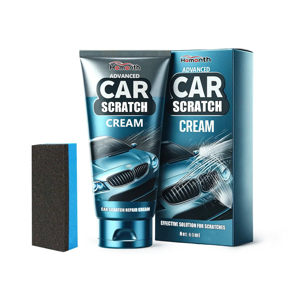 Car scratch repair cream kit showing 60ml tube and sponge applicator for vehicle paint renovation