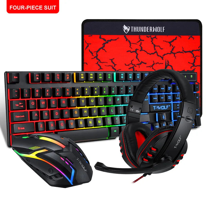 Thunder Wolf wired keyboard and mouse set with headset and mouse pad on desk