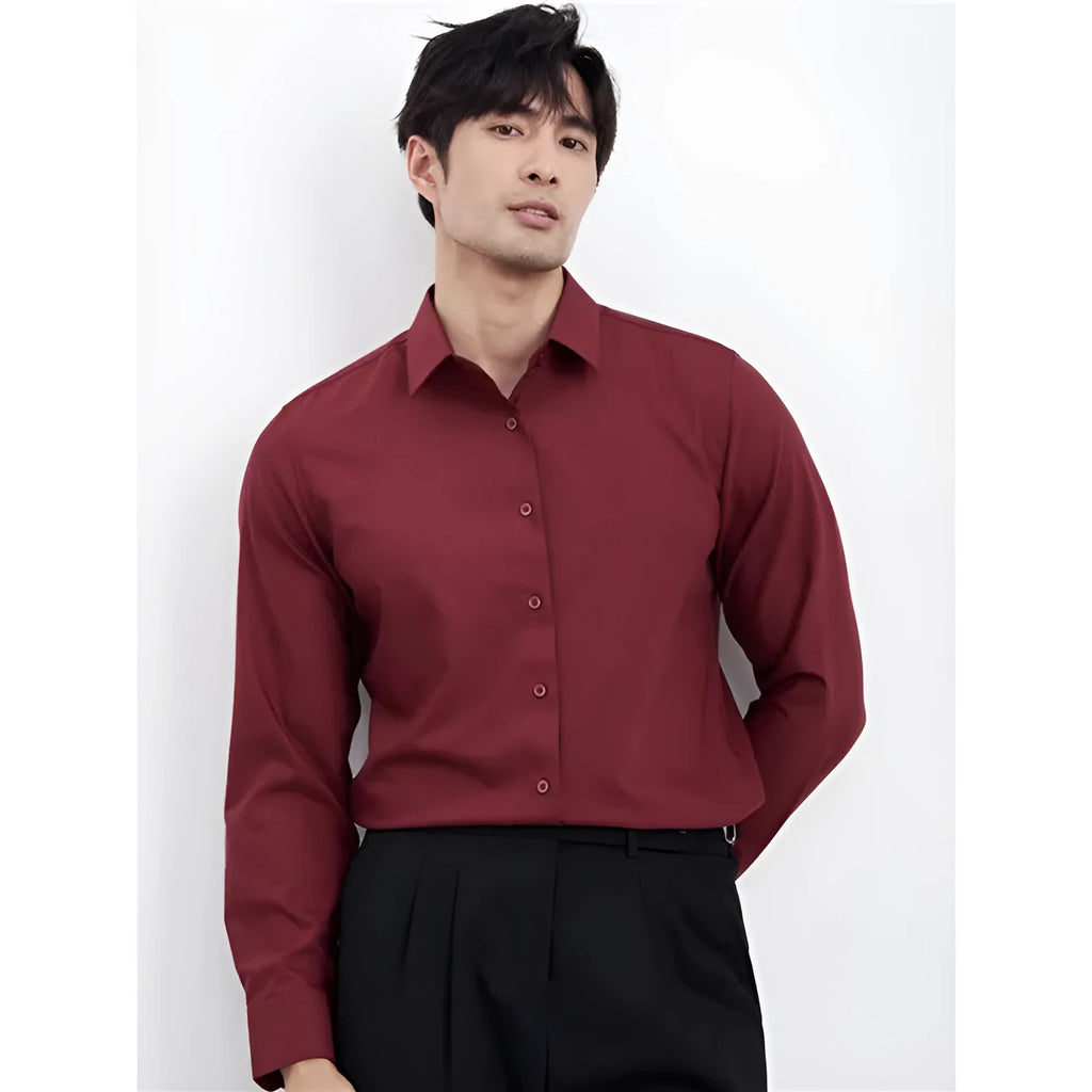 Men's wine red business casual shirt with slim fit and long sleeves