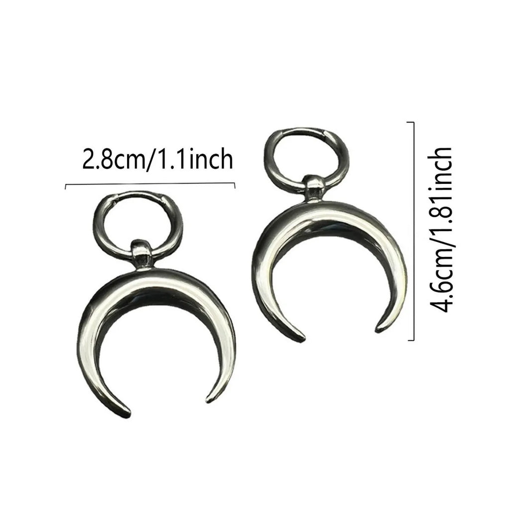 Silver geometric big hoop earrings with moon motif and punk gothic style