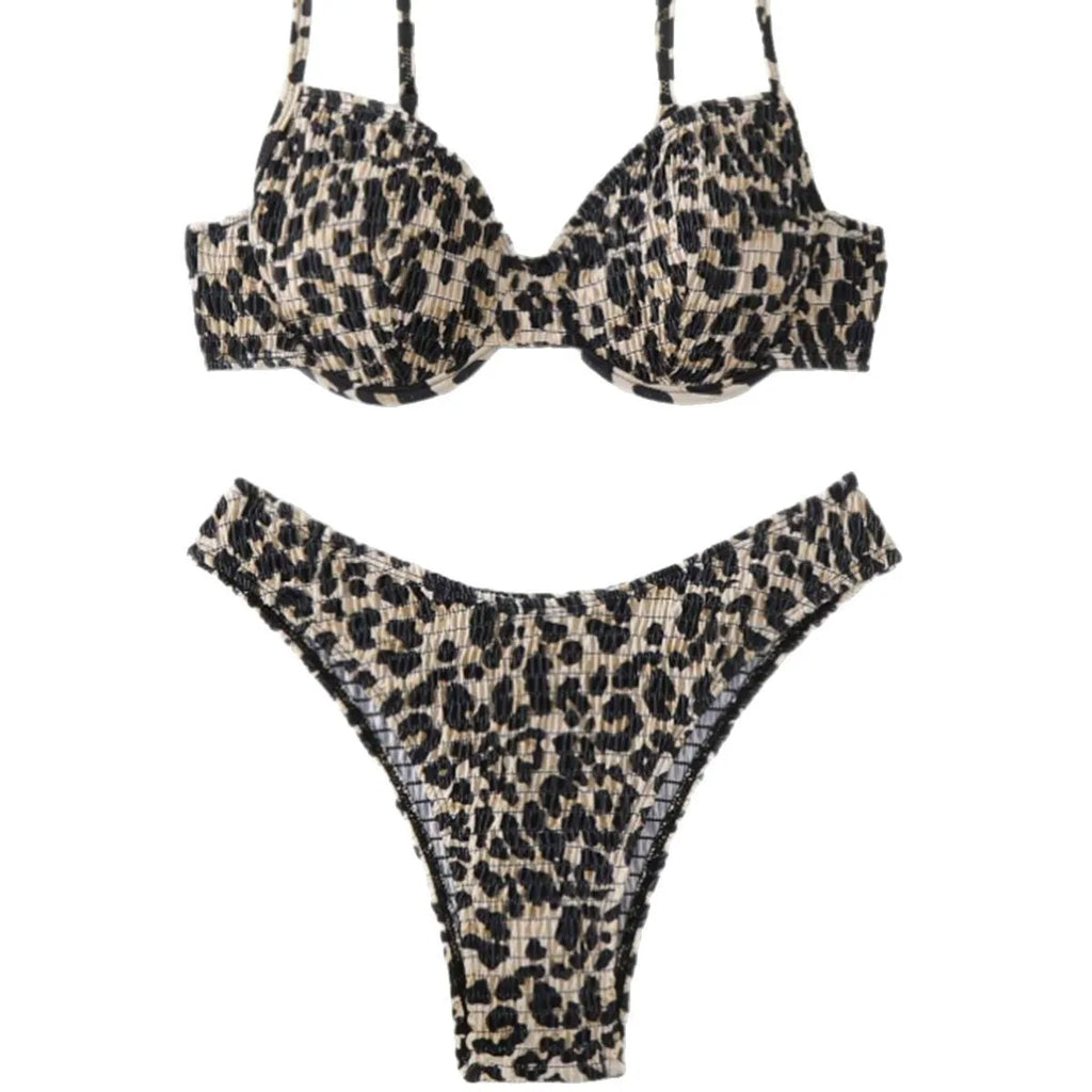 Women's leopard point bikini swimsuit in a backless brief style, shown in brown mixed colour.