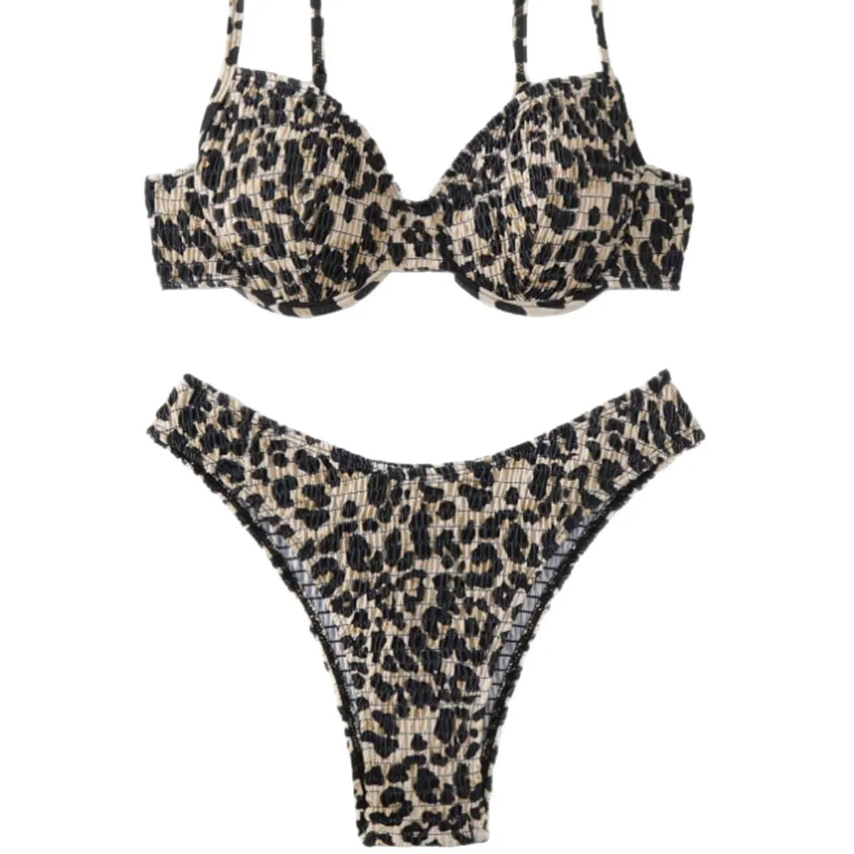 Women's leopard point bikini swimsuit in a backless brief style, shown in brown mixed colour.