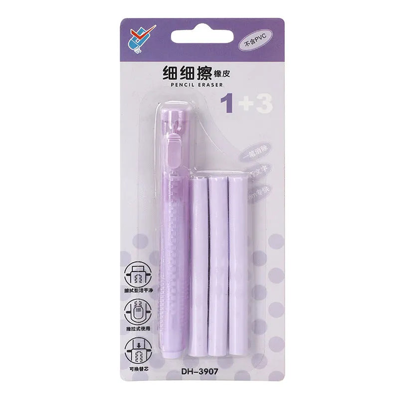 Push type automatic eraser in four colour options showing compact 12cm by 8cm rectangular design