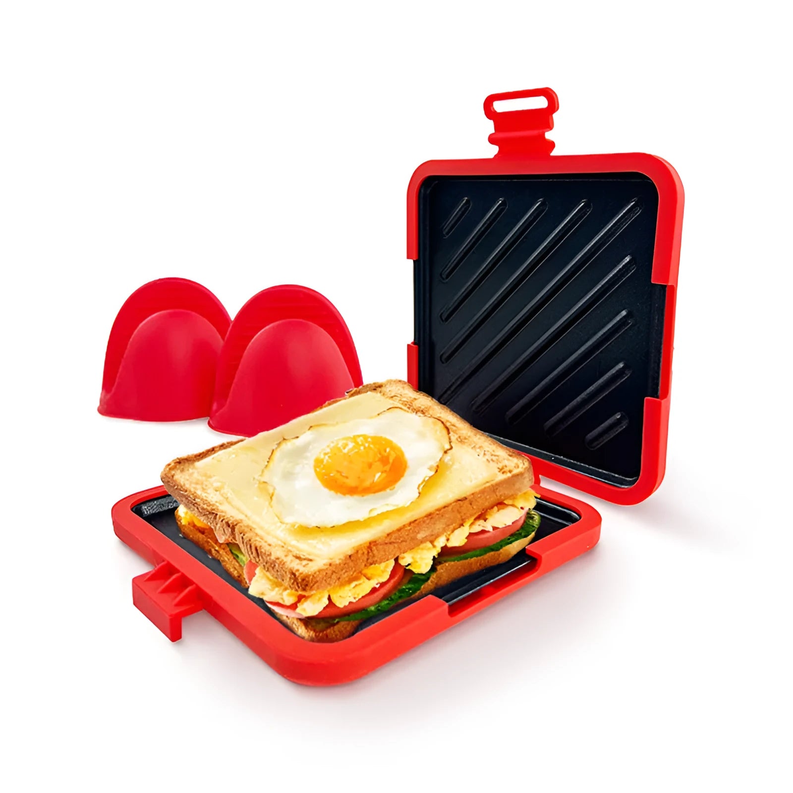 Silicone baking tray and anti-scald oven gloves set in red colour with colour box packaging
