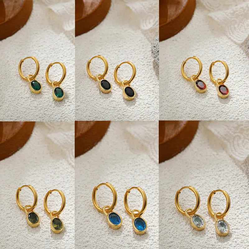 Close-up of women's retro simple oval zircon earrings in copper, showing the six available colour options.