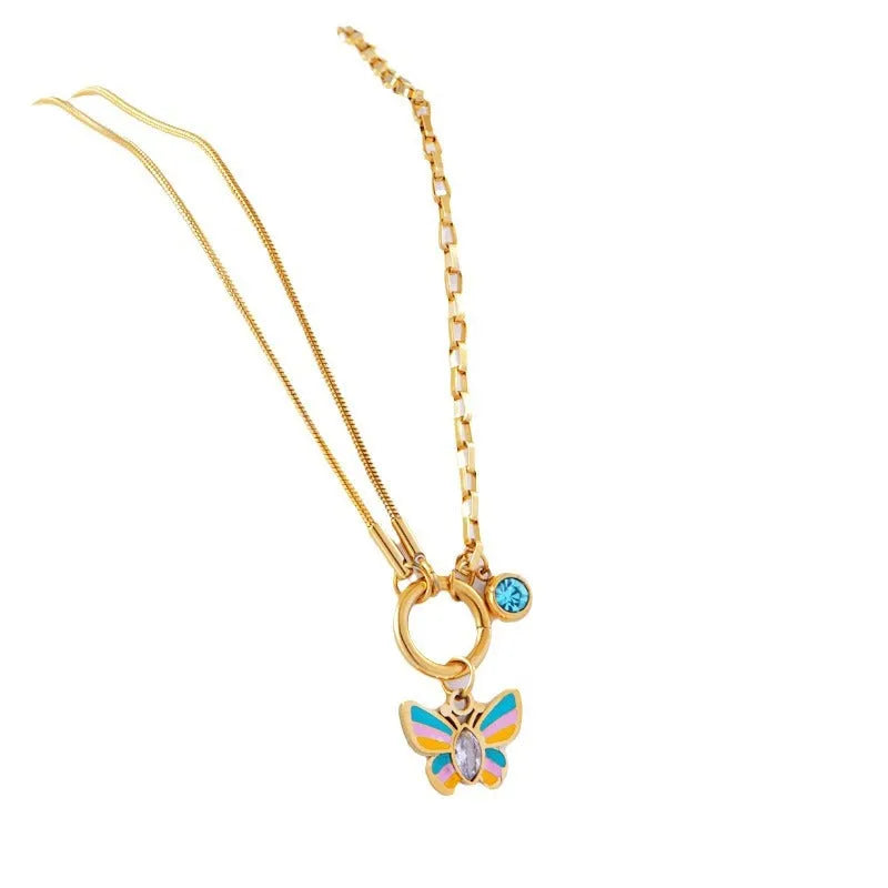 Gold-plated epoxy butterfly necklace and bracelet set with titanium steel construction and snake bone chain links