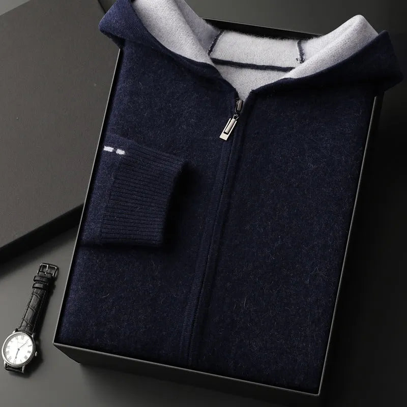 Dark blue men's loose-fit cashmere zip cardigan with a half-high collar, shown on a model.