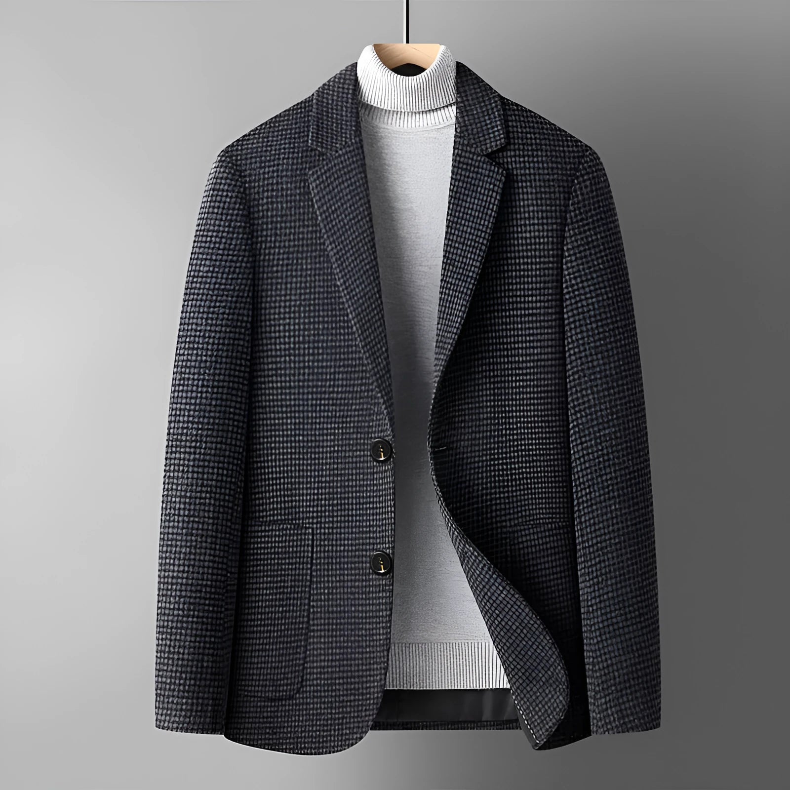 A grey slim-fit men's wool suit blazer with a non-ironing finish for autumn wear.