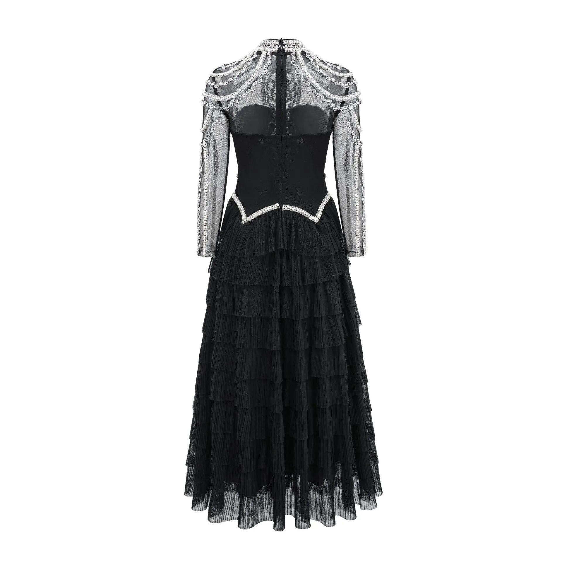 Women's black long sleeve beaded dress with mid waist and full-length skirt.