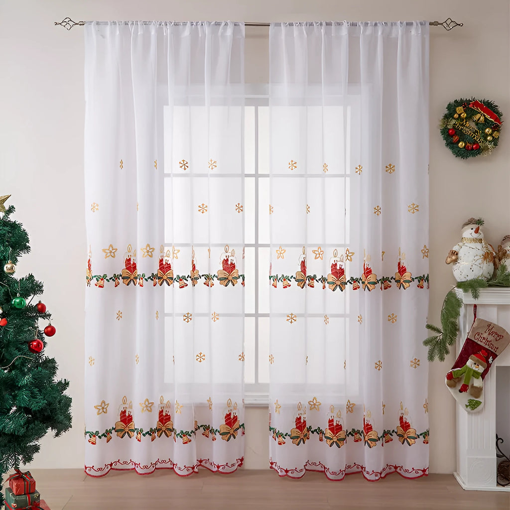 American Christmas curtain pair with embroidered snowflake design in semi-sunshade polyester fabric