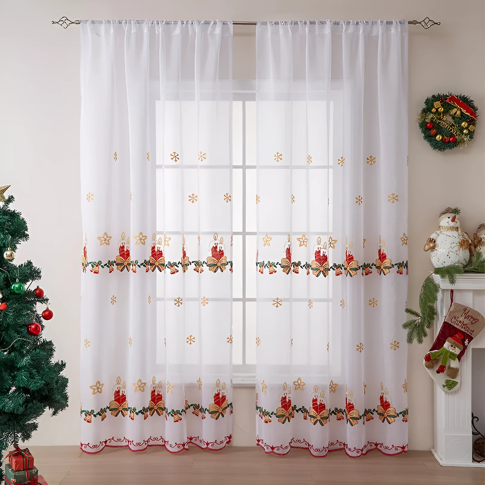 American Christmas curtain pair with embroidered snowflake design in semi-sunshade polyester fabric