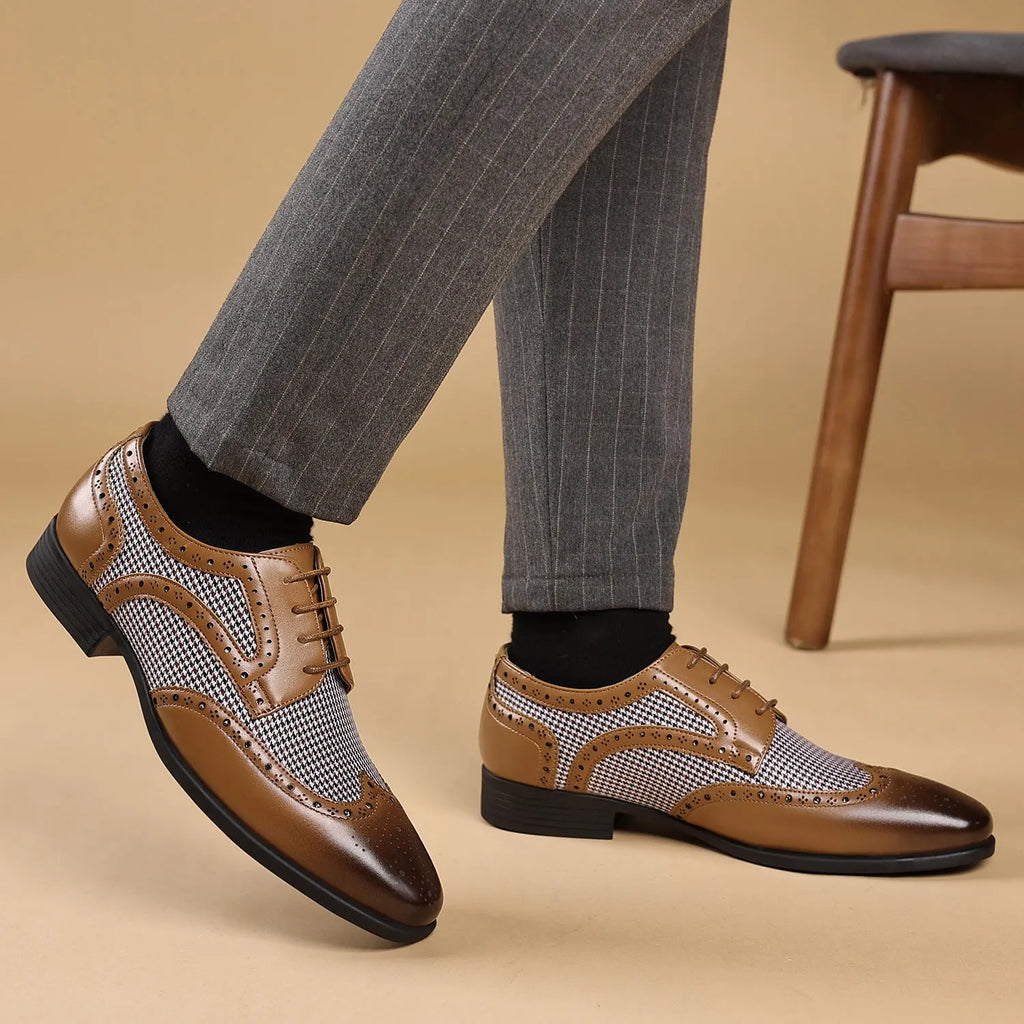 Men's black imitation houndstooth pattern casual shoes with lace-up front and rubber sole.