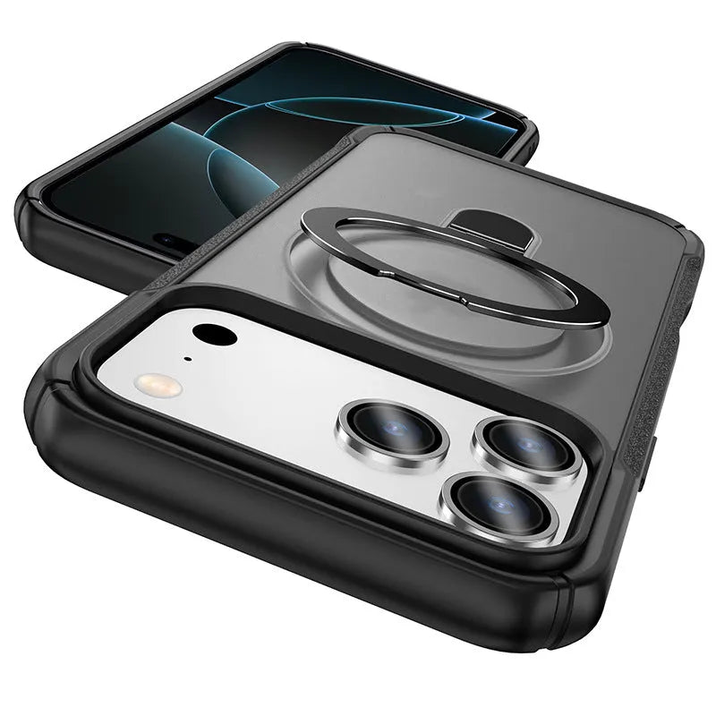 Metal magnetic bracket phone case with drop-resistant PC cover in black, showing built-in stand