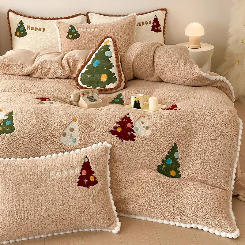 Bright yellow fleece-lined four-piece bedding set with embroidered Christmas cartoon pattern.