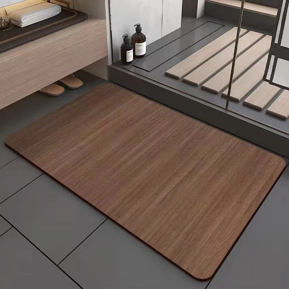 Square American style bathroom floor mat with wood grain geometric pattern in diatom ooze material.
