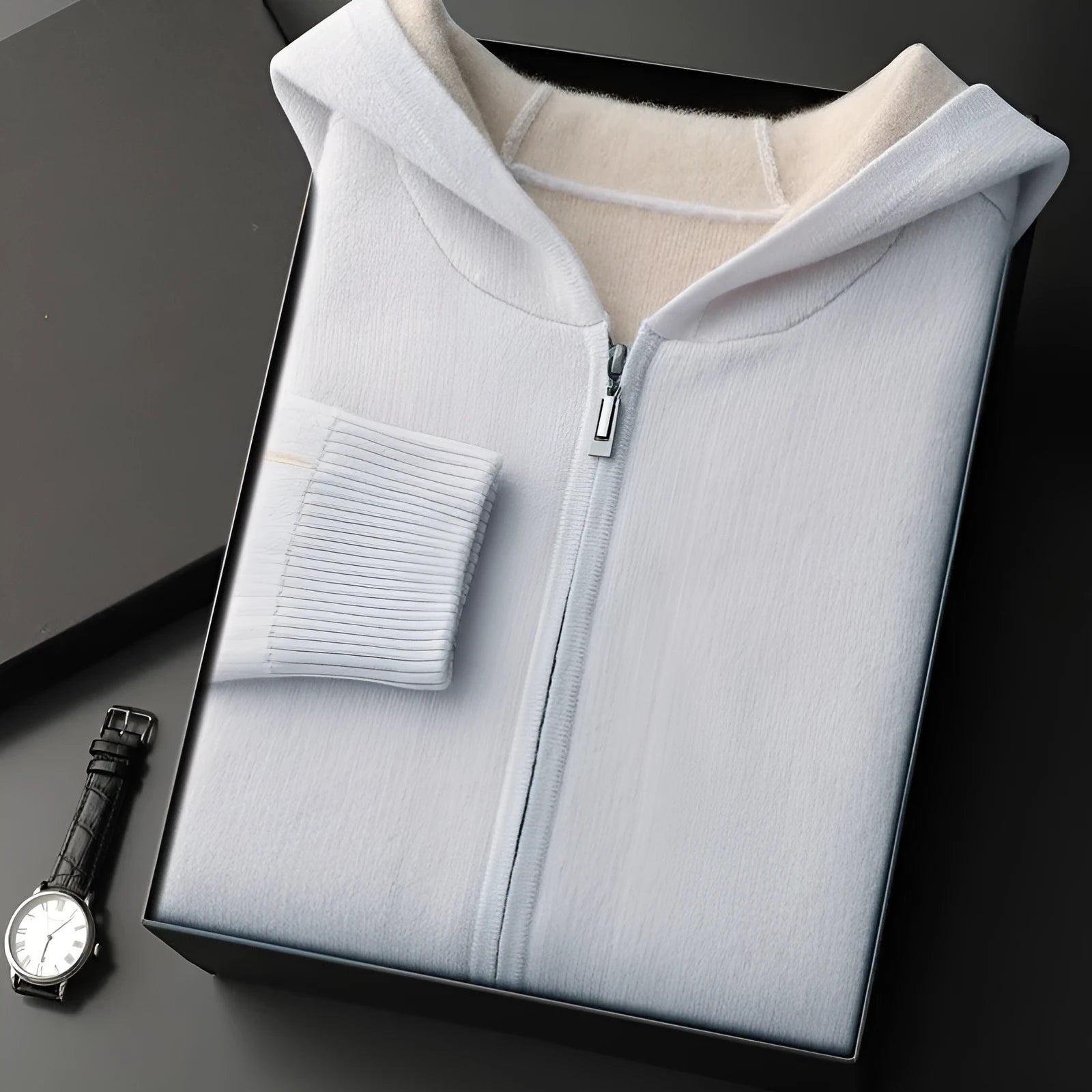 Dark blue men's loose-fit cashmere zip cardigan with a half-high collar, shown on a model.