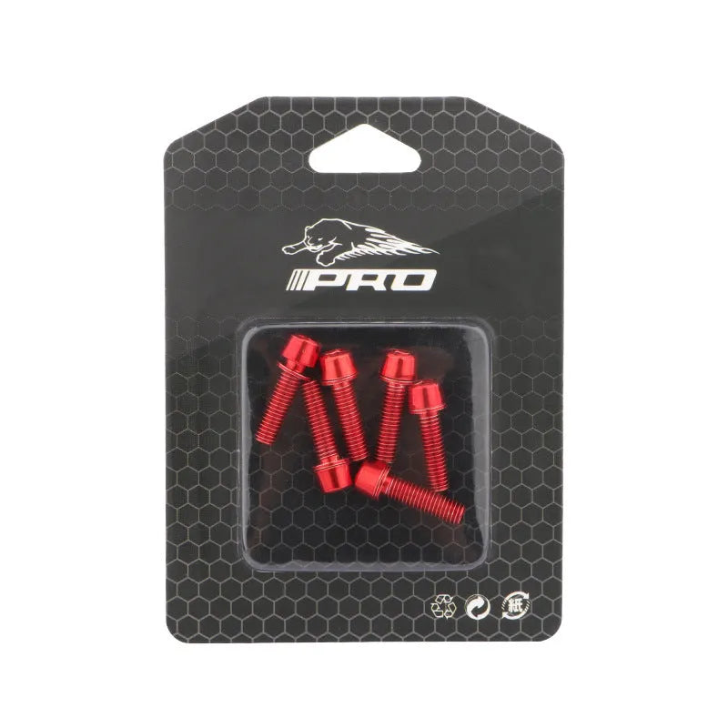 Six stainless steel mountain bike handlebar screws in seven colour options on packaging card