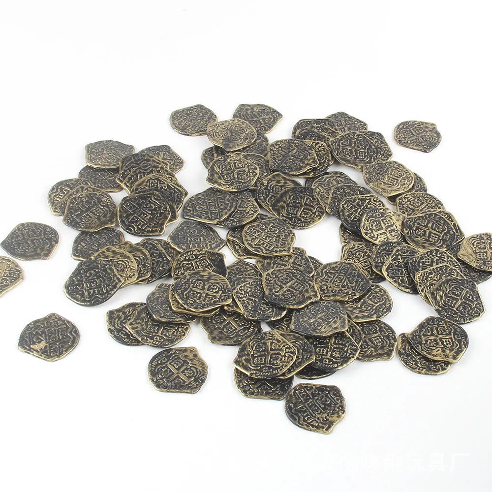Set of 100 gold, silver, and bronze plastic Roman coins with electroplated metallic finishes.