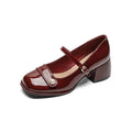 French style chunky heel hiking pumps with patent leather upper and buckle fastening in three colour options