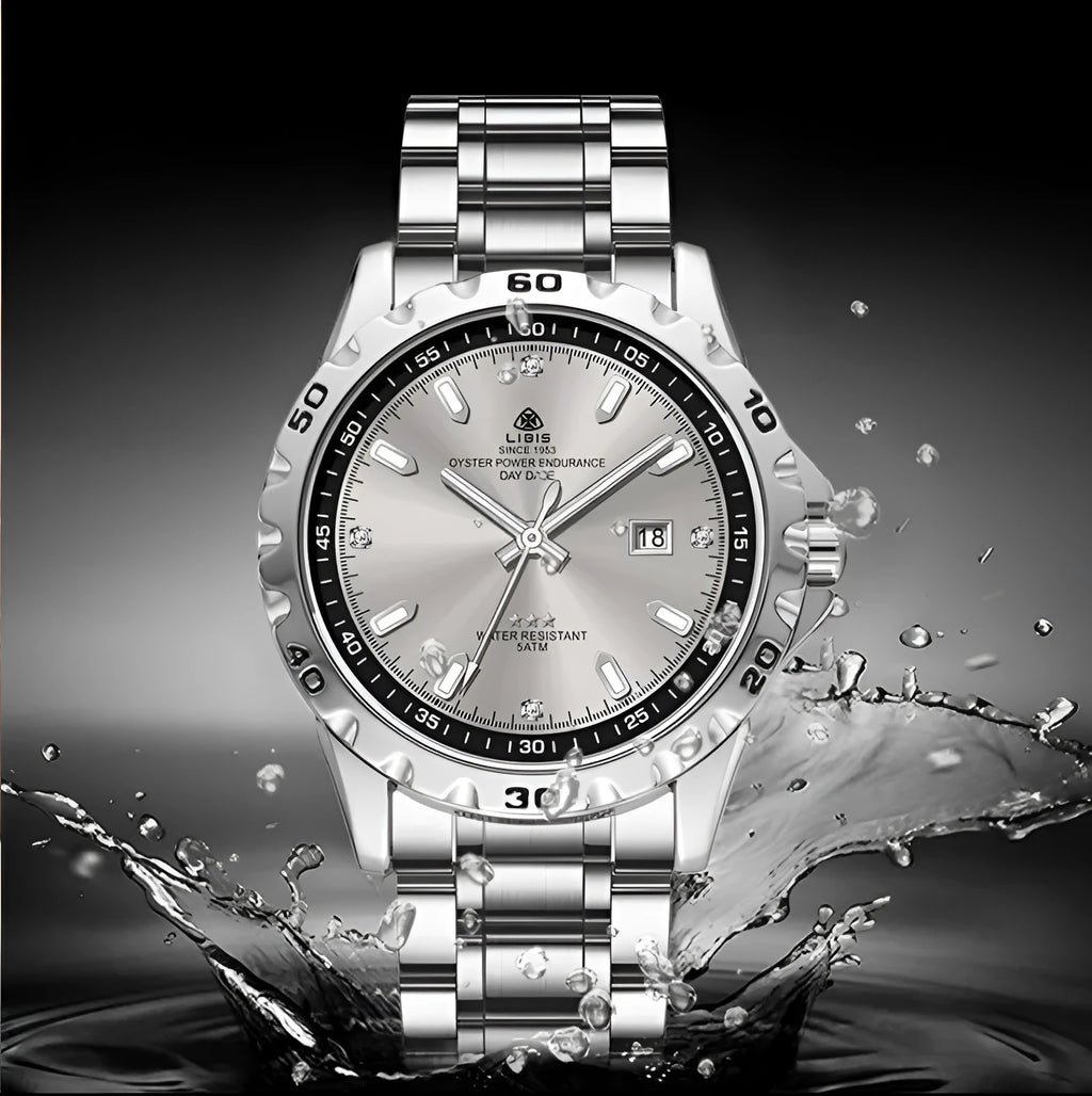 Men's silver quartz watch with luminous hands and waterproof stainless steel strap