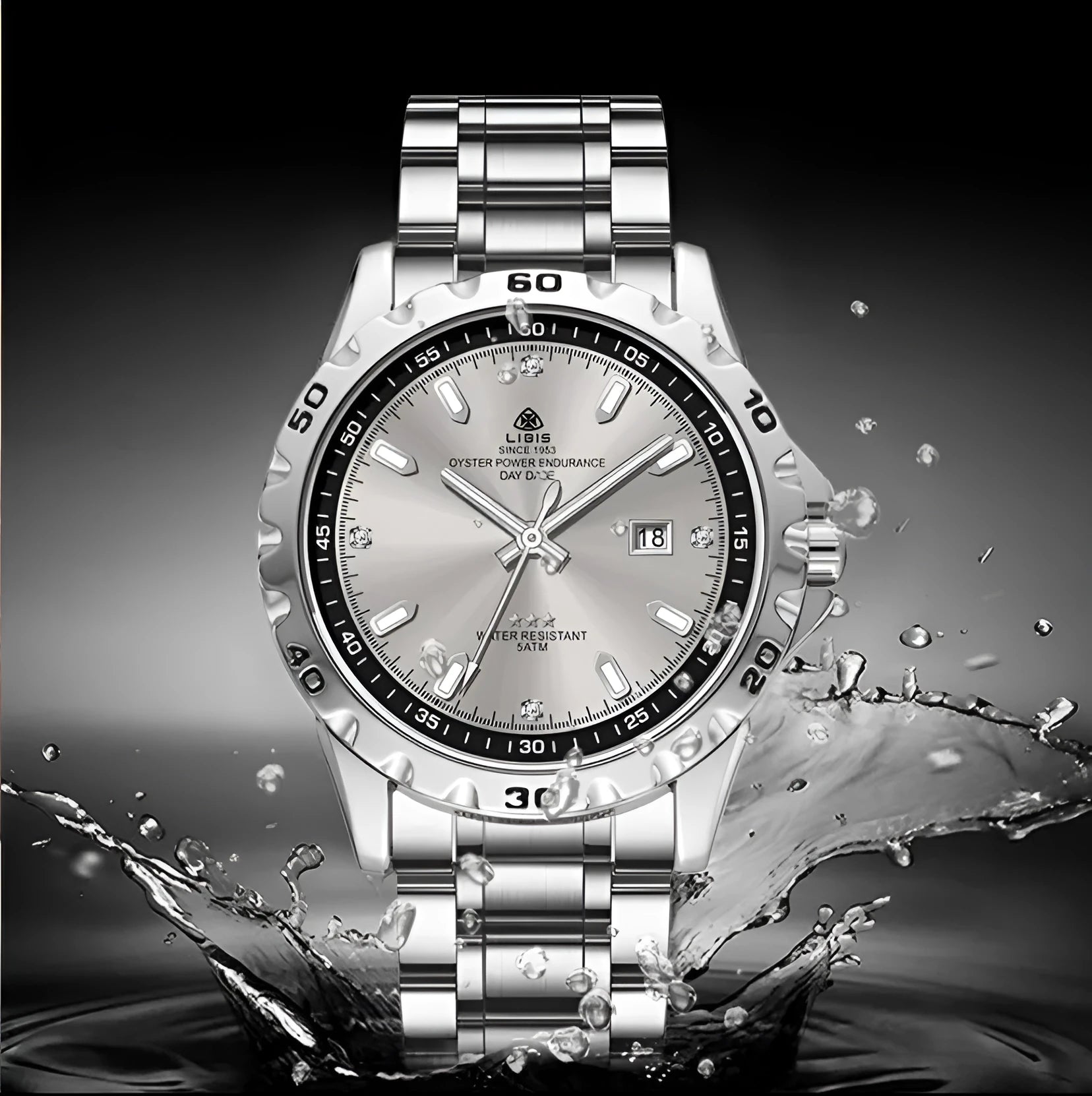 Men's silver quartz watch with luminous hands and waterproof stainless steel strap