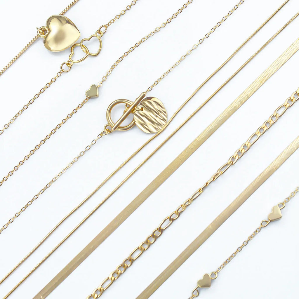 Gold electroplated women's necklace set with 10 pieces and adjustable snake bones chain