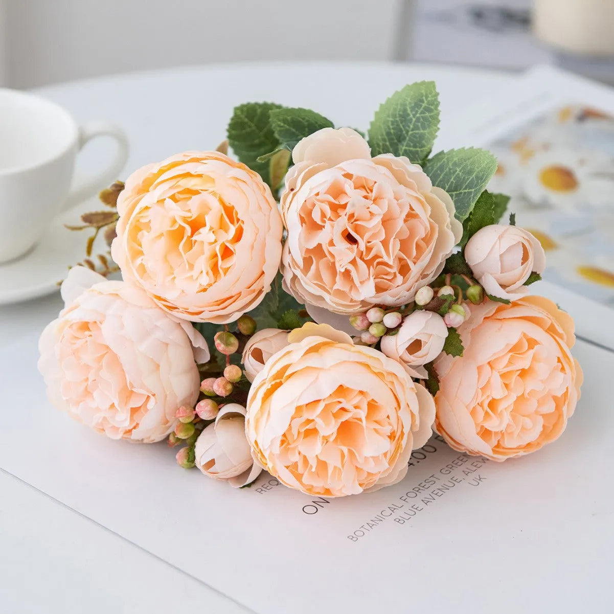 Silk artificial peony bouquet arrangement in champagne colour for wedding or home decoration