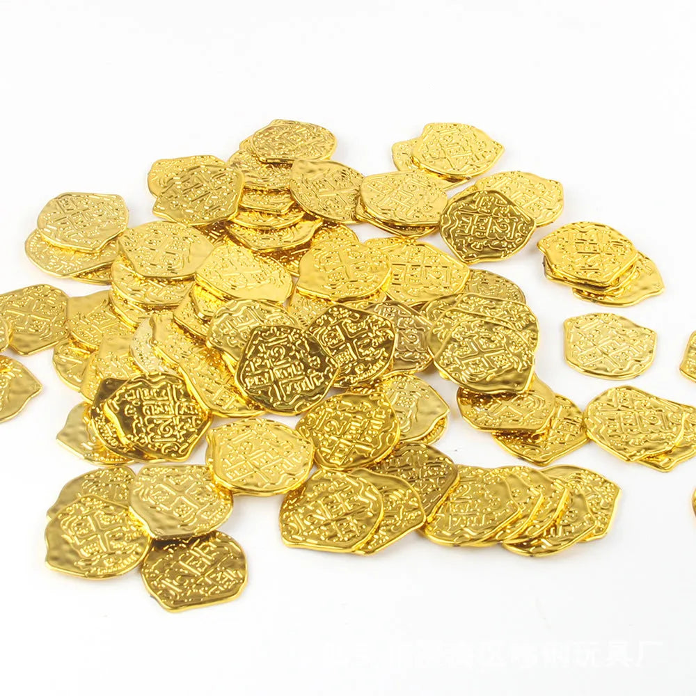 Set of 100 gold, silver, and bronze plastic Roman coins with electroplated metallic finishes.