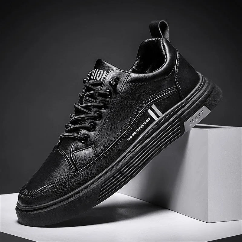 Men's black and white microfiber skateboard shoes with elastic band closure and rubber sole