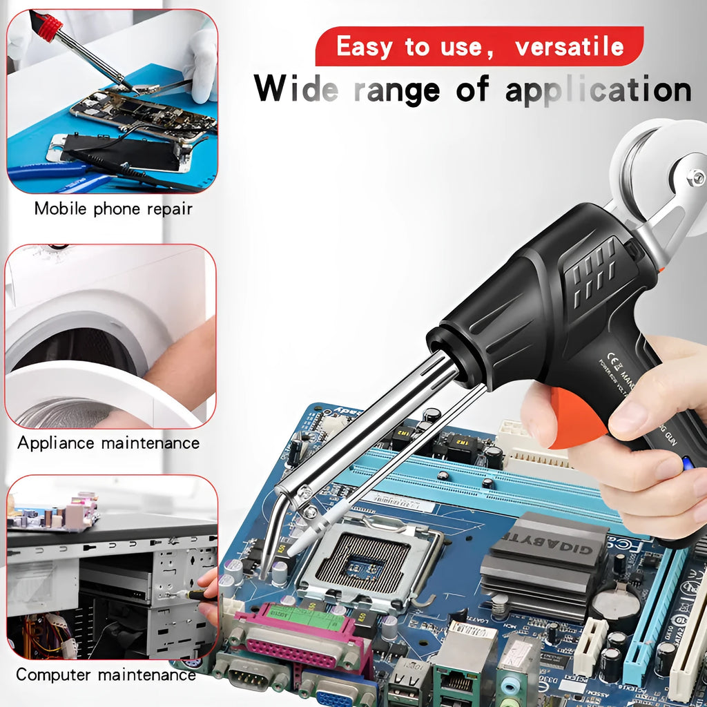 Black LED light soldering gun kit with alloy body measuring 205 × 170mm on workbench