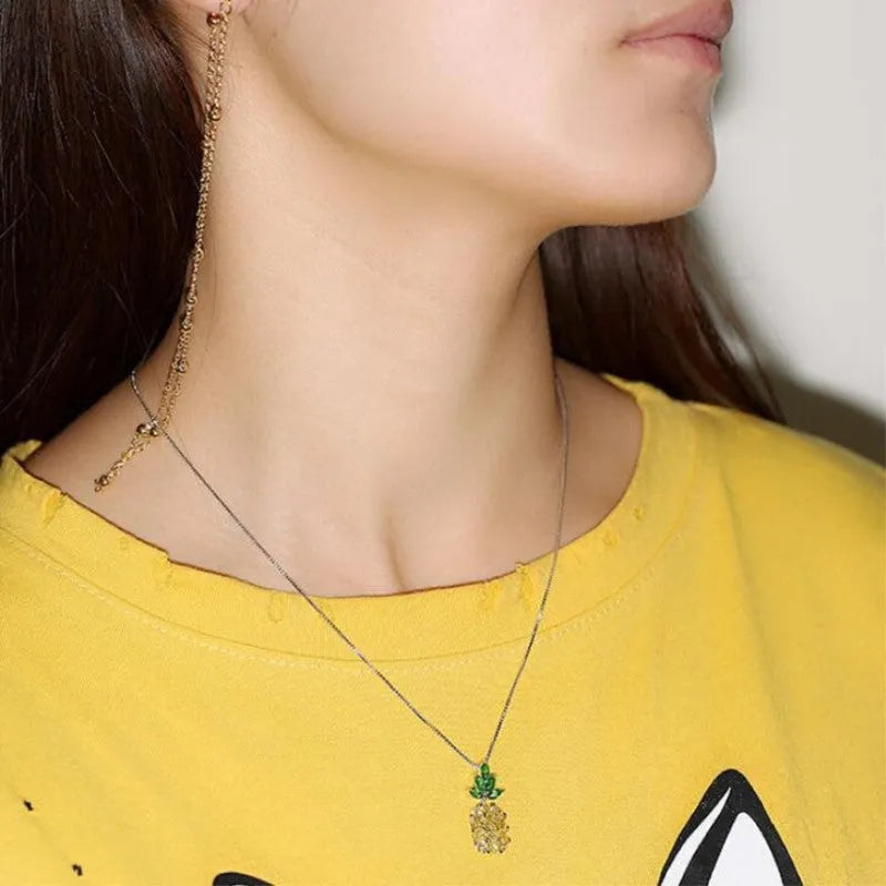 Silver plated women's necklace with a Korean fashion pineapple diamond geometry design.