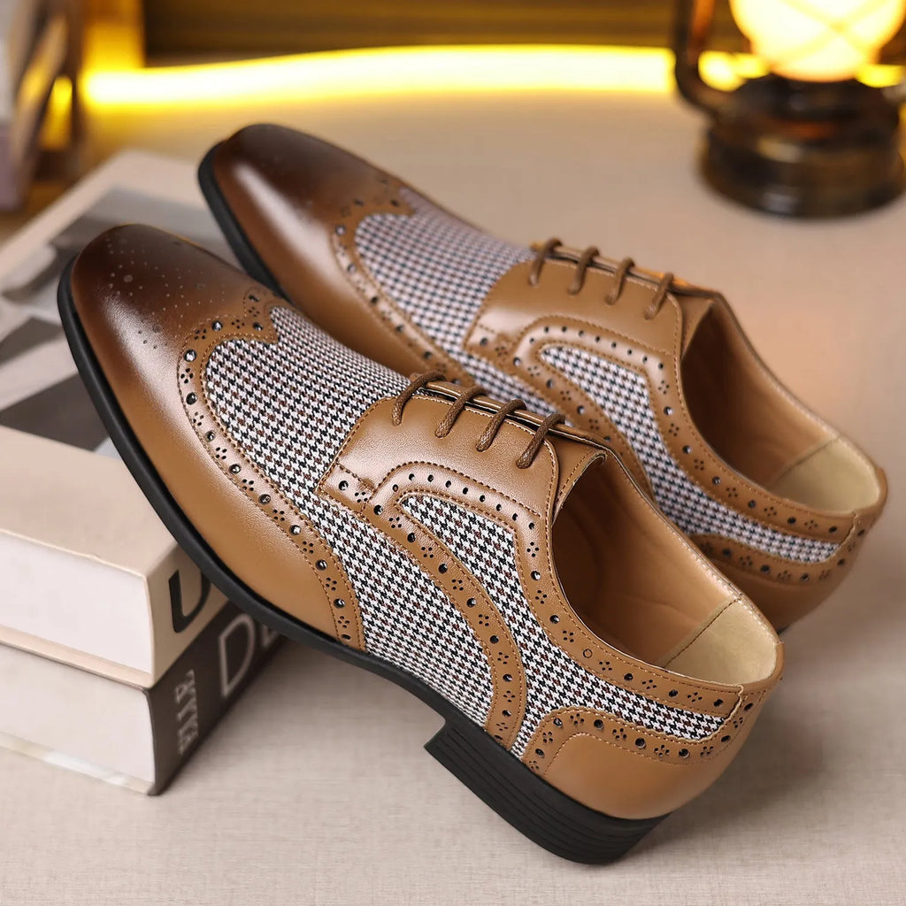 Men's black imitation houndstooth pattern casual shoes with lace-up front and rubber sole.
