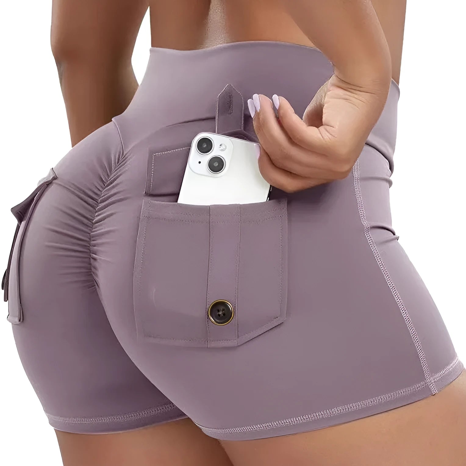 Women's peach hip-tight workout shorts in chemical fibre blend fabric for fitness activities