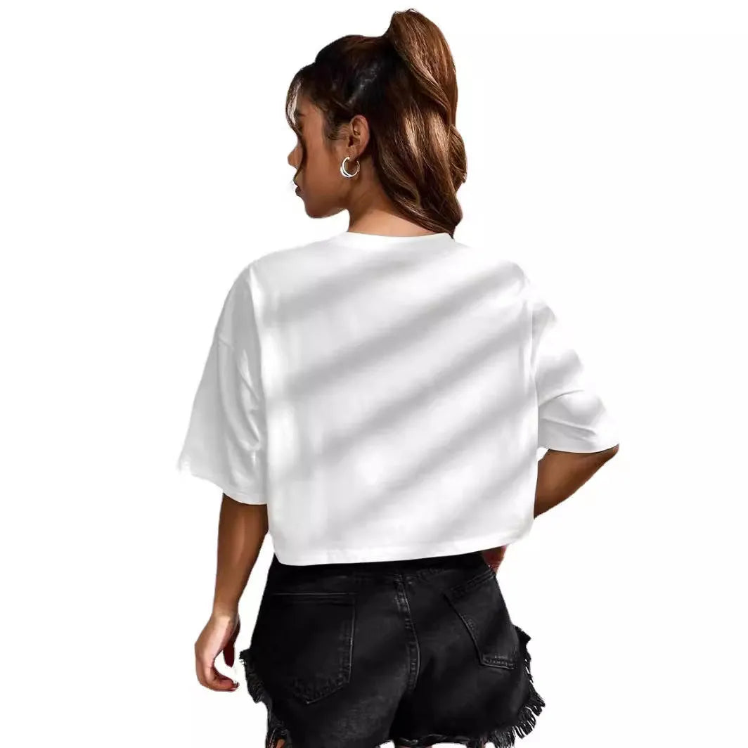 A black loose-fit women's cotton t-shirt with personalised white English letters printing on the front.
