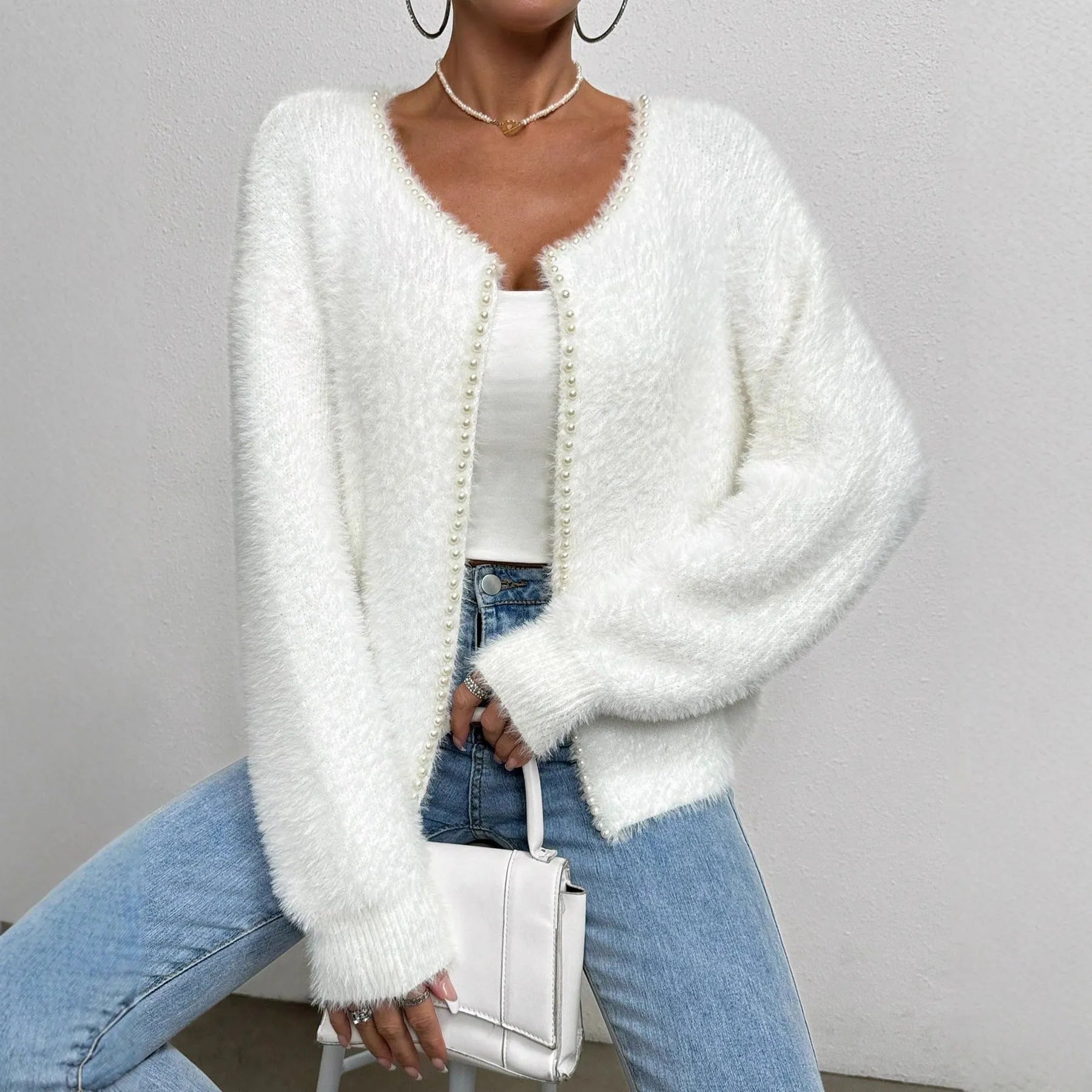 Women's white V-neck cardigan with bead detailing and medium thickness polyester fabric
