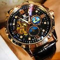 Men's black and rose gold automatic mechanical watch with large dial and leather strap.