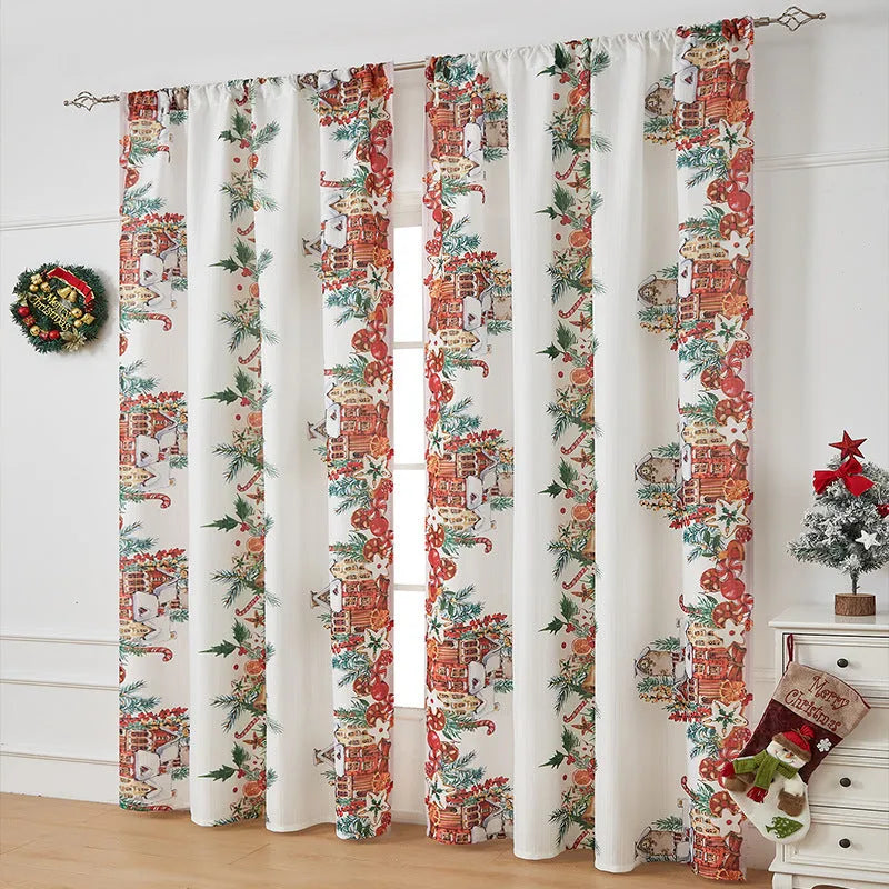 American-style rectangular polyester curtain with Christmas printed designs in red and blue colour options