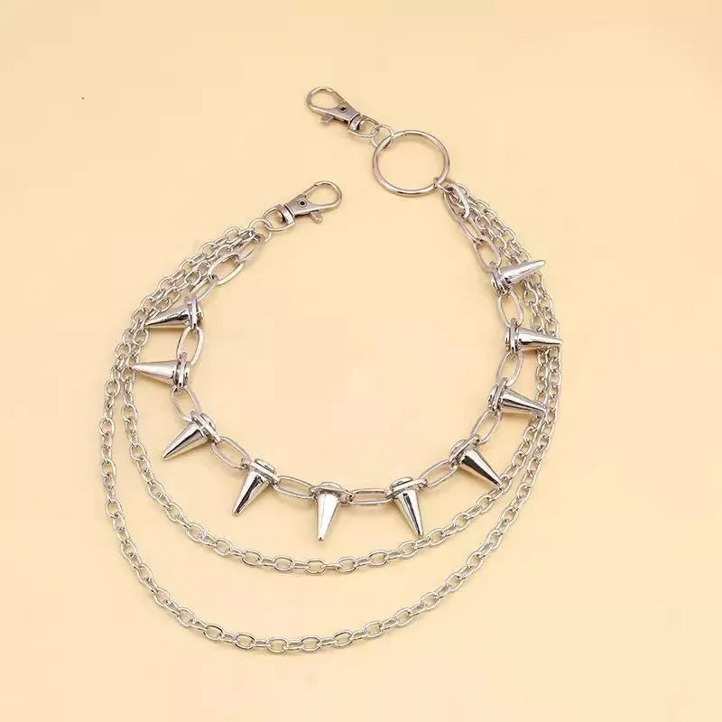 Silver double-layer metal pants chain with rivets and a zipper fastener, shown at full 115cm length.
