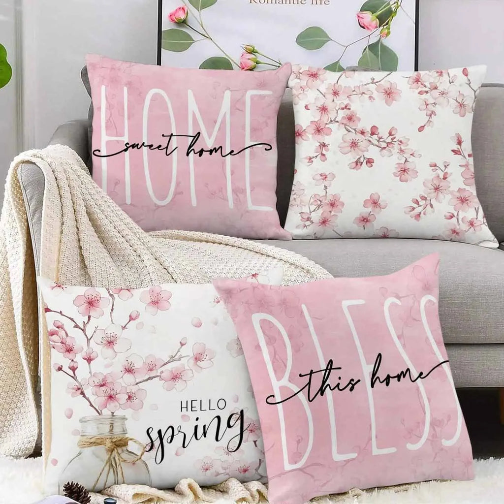 45cm square short velvet cushion cover with cherry blossom and letter print in one of four colour options.