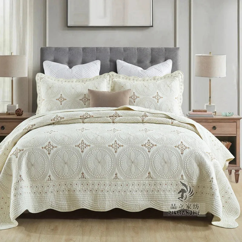 Pure cotton European-style embroidered bed cover set with two pillowcases on a 1.8m bed.