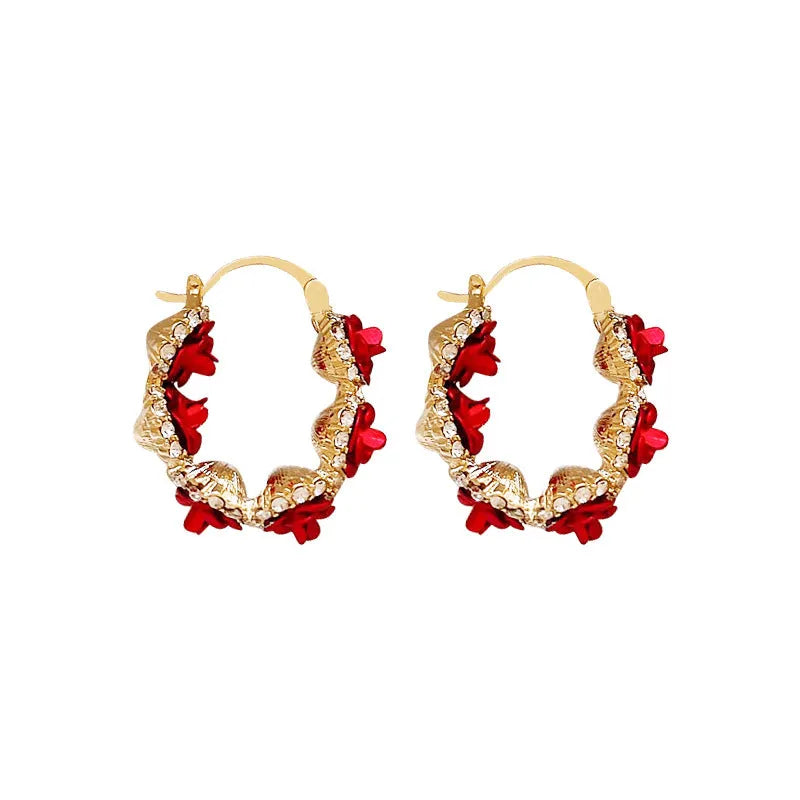 Red alloy flower clip earrings with rose design for women