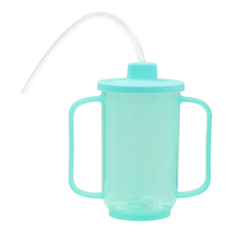 Adult oblique mouth choke proof bed drinking cup with handle and optional wrist splint.