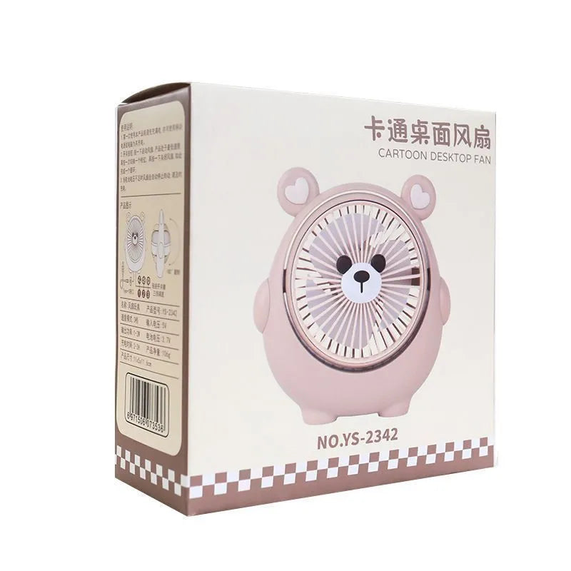 Cute dog-themed USB desktop electric fan showing three-speed controls and plastic construction