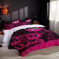 White three-piece bed set with digital print pattern on a bed, includes quilt cover and two pillowcases in modern simple style