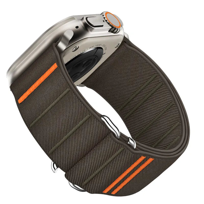 Elastic nylon sports watchband with stainless steel buckle for Apple Watch, shown in Army Green colour.