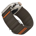 Elastic nylon sports watchband with stainless steel buckle for Apple Watch, shown in Army Green colour.
