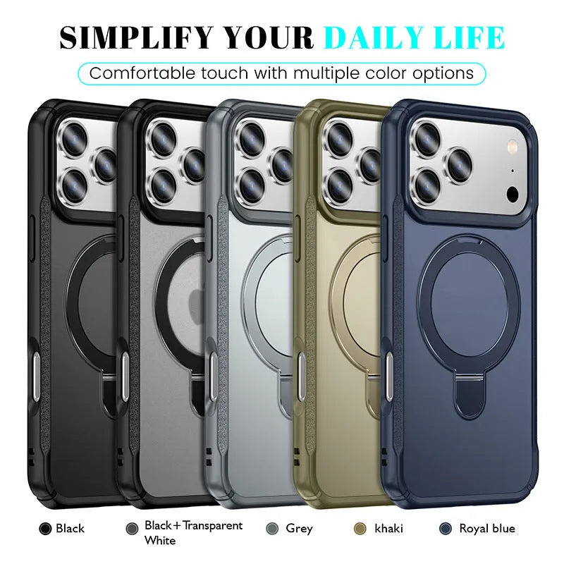 Metal magnetic bracket phone case with drop-resistant PC cover in black, showing built-in stand