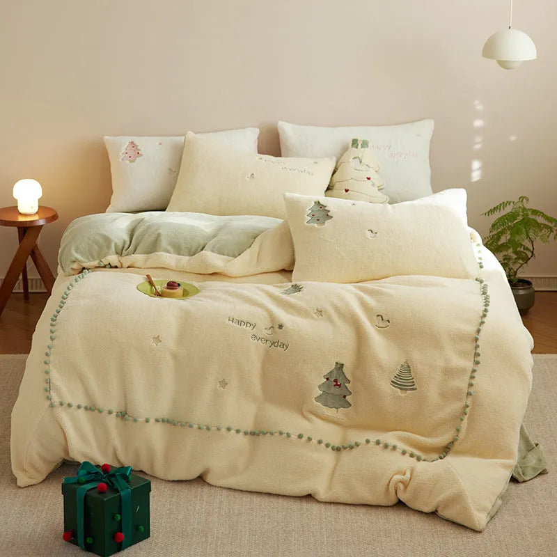 Green and pink Christmas tree printed milk fibre bedding set with quilt cover, sheet, and pillowcases.
