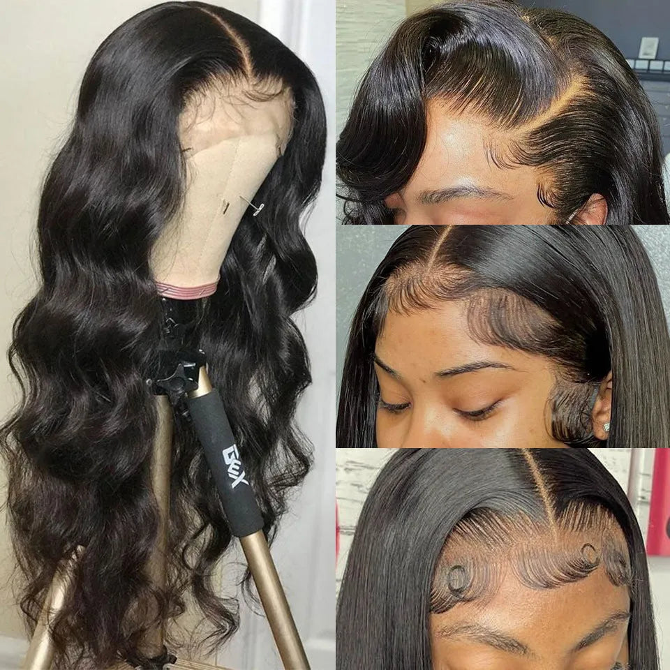 Black long curly synthetic wig with side bangs and a front lace design.